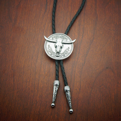 Cow Head Longhorn Bull Cowboy Leather Bolo Tie