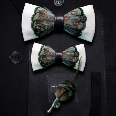 White & Emerald Green Feather Bow Tie with Lapel Pin