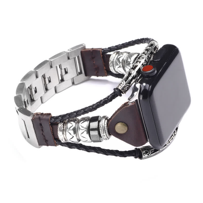 Stainless Steel Chain Mix Braided Leather Watch Band