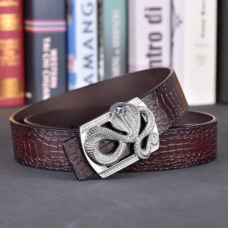 Men's Snake Rhinestone Crocodile Print Buckle Leather Belt