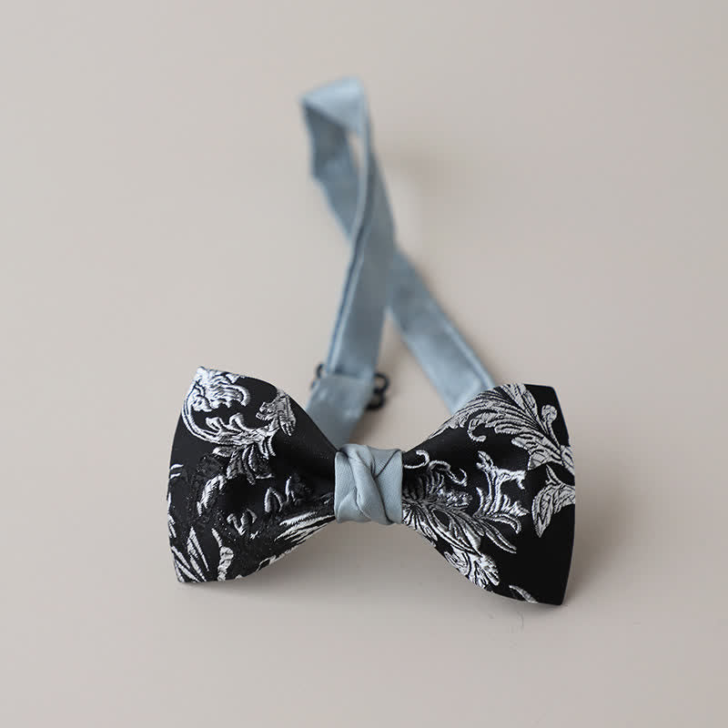 Men's Black & White Floral Embroidery Bow Tie