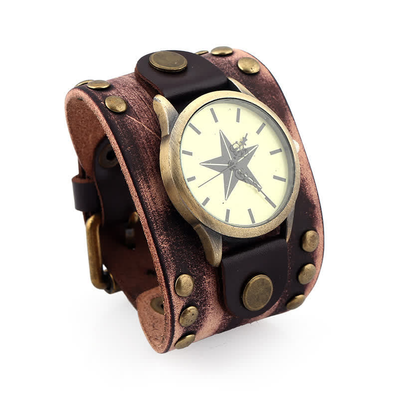 Men's Five-Pionted Star Rivet Cuff Leather Watch