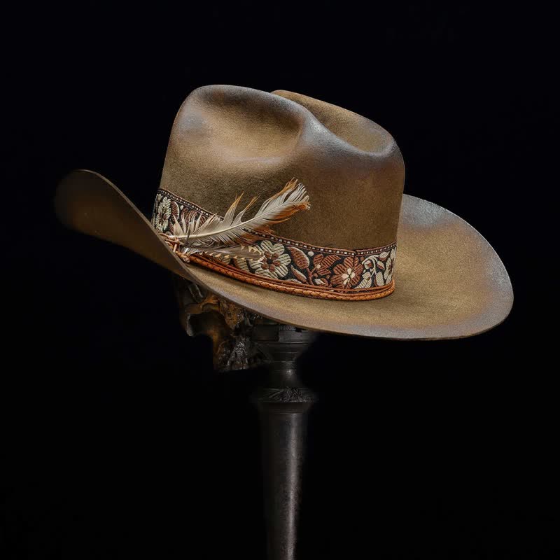 Jacquard Flower Decorative Feathers Wool Cowboy Hat