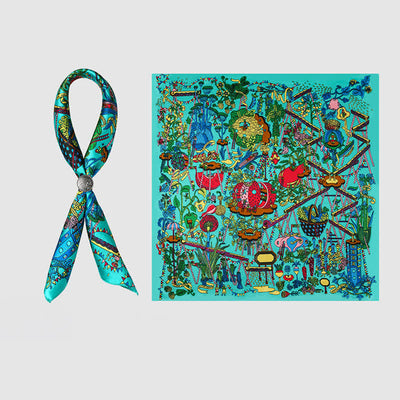 Cyan Botanical Paradise Square Scarf with Scarf Buckle