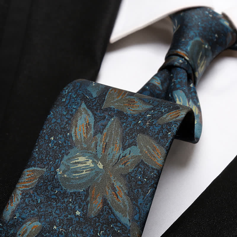 Men's Navy Blue Retro Oil Painting Floral Necktie