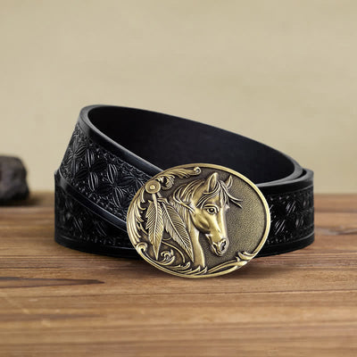 Men's DIY Bronze Horse Buckle Leather Belt