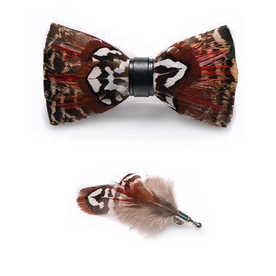 Kid's Brown & Red Feather Bow Tie with Lapel Pin