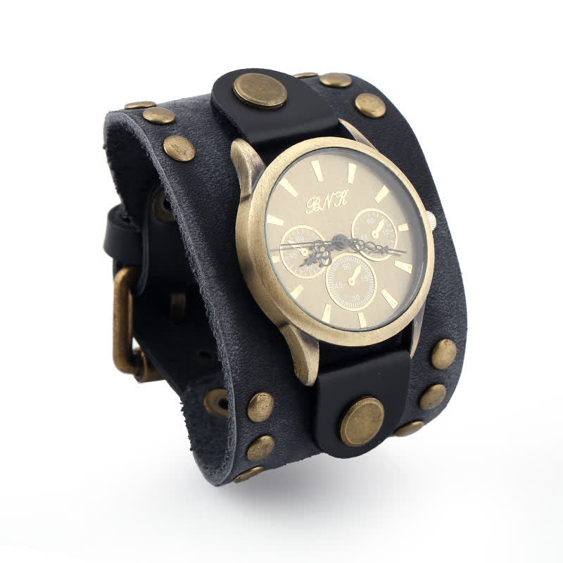 Men's Punk Rock Rivet Wide Cuff Leather Watch