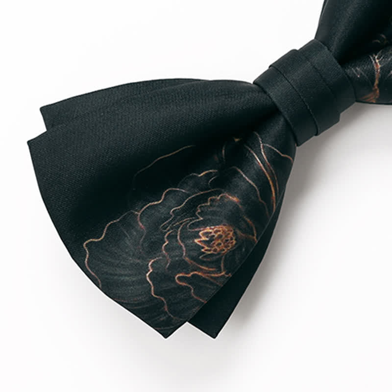Men's Lotus Printing Black Double Layered Bow Tie