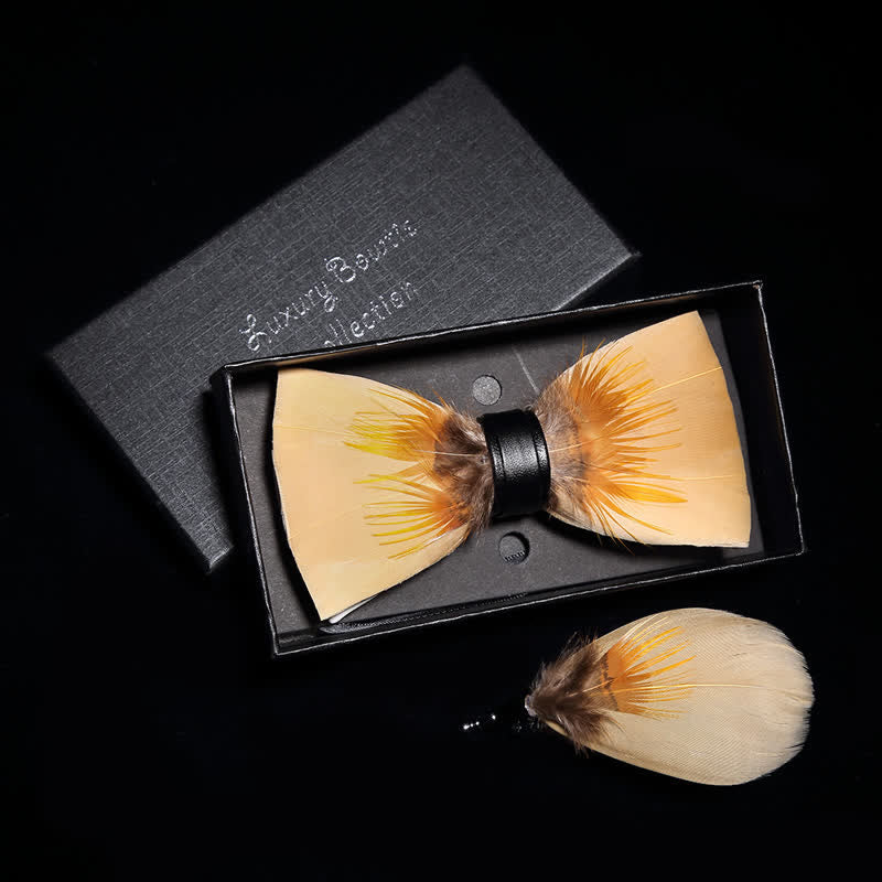 Light Yellow Quiet Feather Bow Tie with Lapel Pin