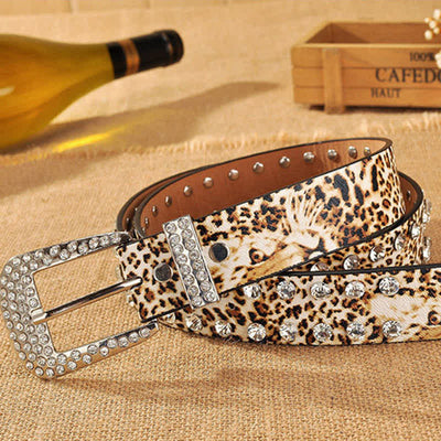 Women's Rhinestones Inlaid Leopard Print Leather Belt