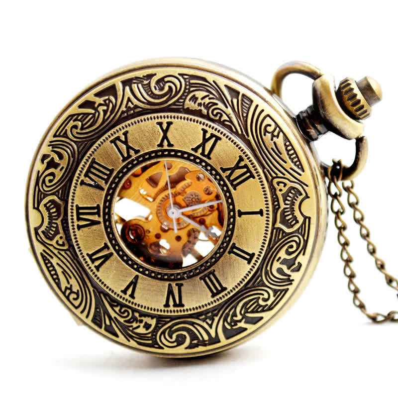 Hollow Rome Double Hunter Case Mechanical Pocket Watch