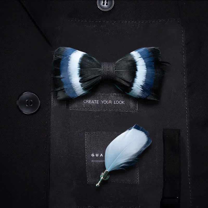 Kid's Black & Shade of Blue Feather Bow Tie with Lapel Pin
