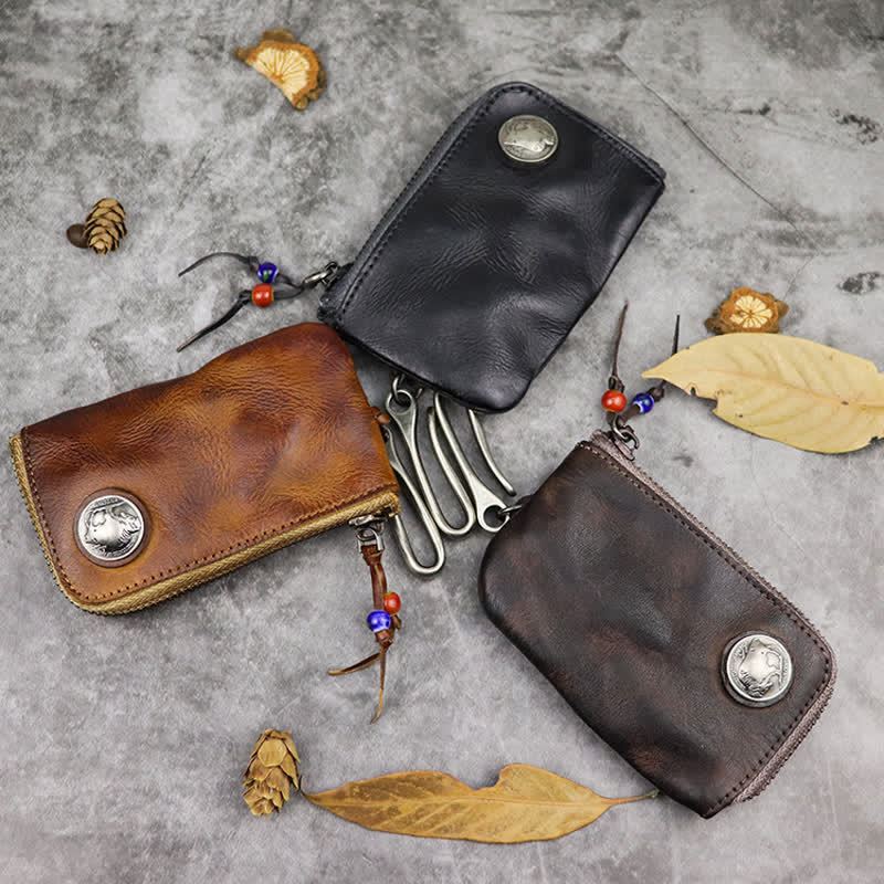 Vintage Medieval Zipper Wallet Leather Key Case