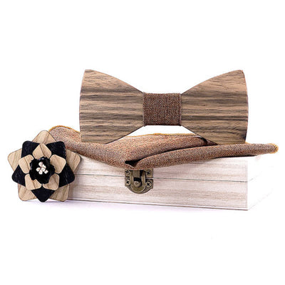 3Pcs Men's Lapel Flower Pin Walnut Wooden Bow Tie Set