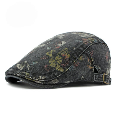 Fashion Floral Printed Denim Flat Beret Hat