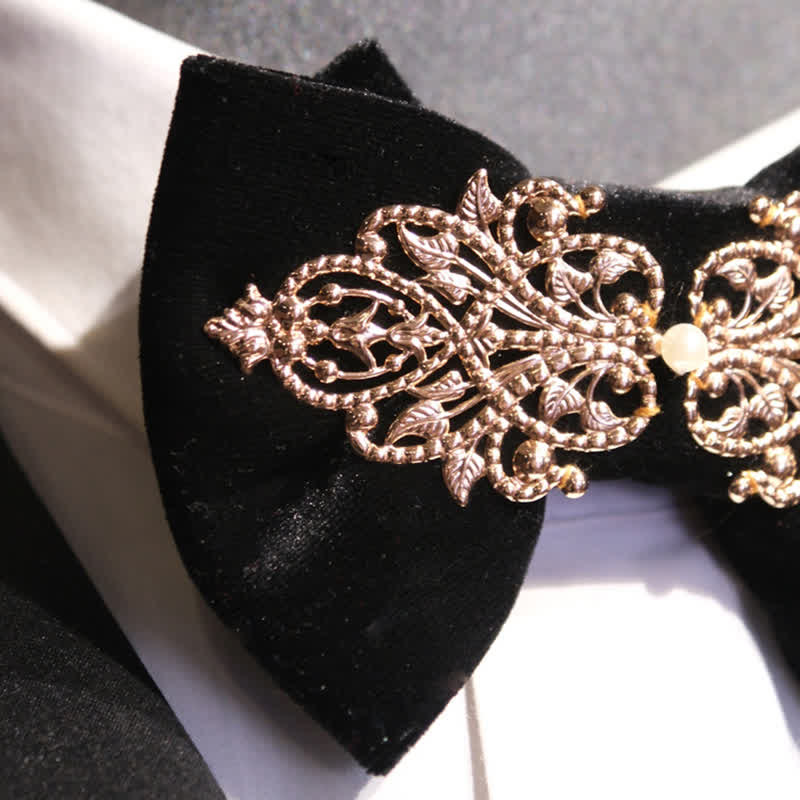 Men's Black Velvet Metallic Decor Oversized Pointed Bow Tie