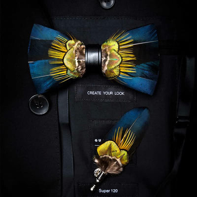 Kid's Blue & Yellow Peacock Feather Bow Tie with Lapel Pin