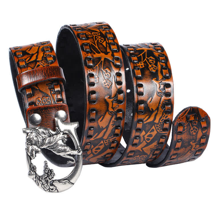 Unisex Retro Tigers Engraved Buckle Leather Belt