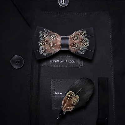 Black & Brown Rich Pheasant Feather Bow Tie with Lapel Pin