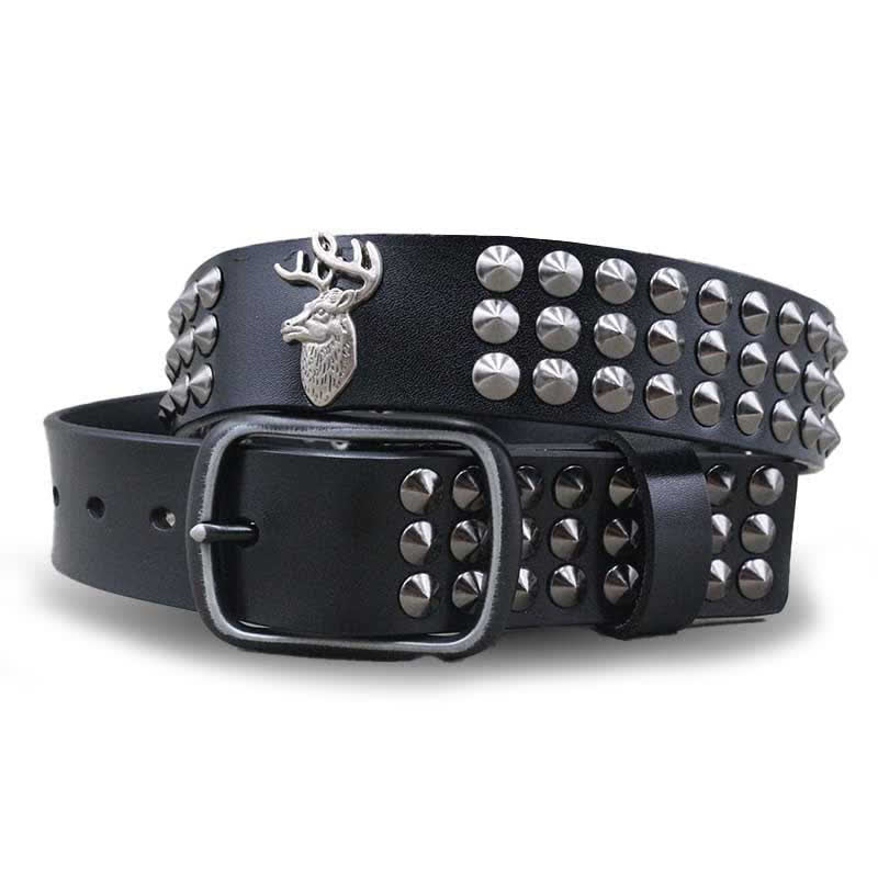 Lucky Deer Rivets Three Rows Studded Leather Belt