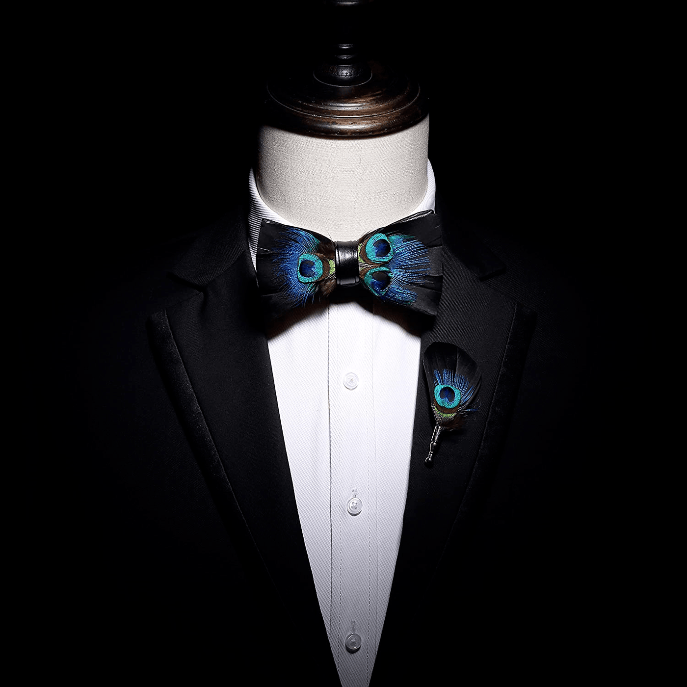 Kid's Black & Blue Peacock Eye Feather Bow Tie with Lapel Pin