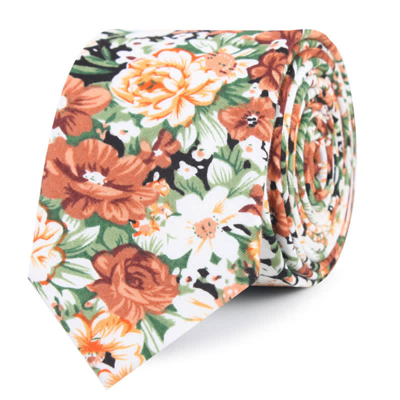 Men's Orange Floral Leaves Pattern Cottern Necktie