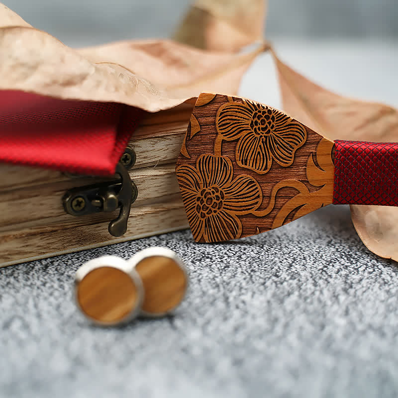 3Pcs Men's Carved Lotus Flower Wooden Bow Tie Set