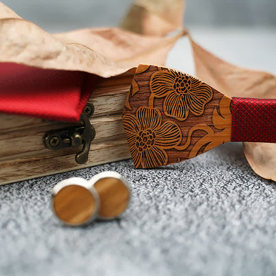 3Pcs Men's Carved Lotus Flower Wooden Bow Tie Set