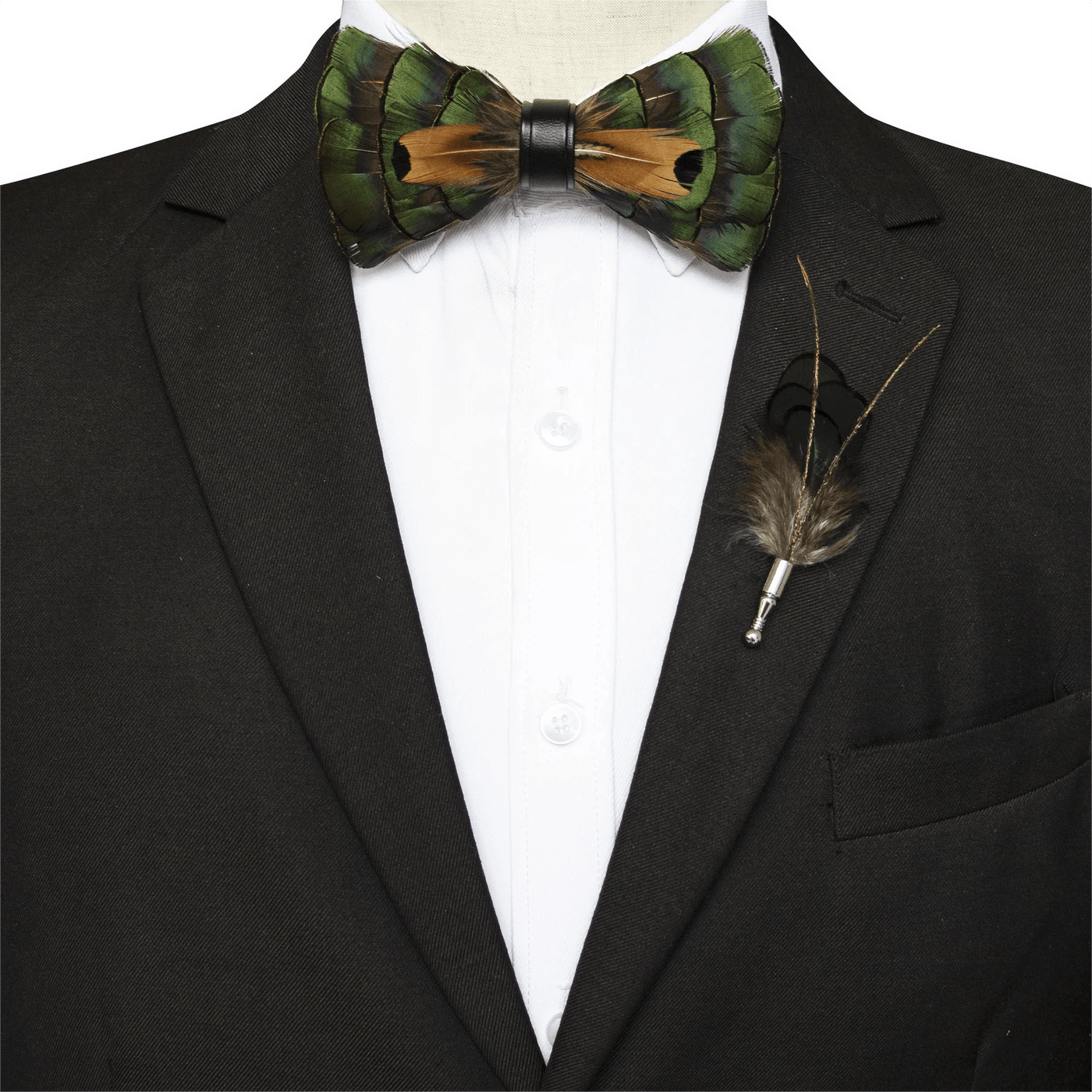 Kid's Emerald Green & Gold Feather Bow Tie with Lapel Pin