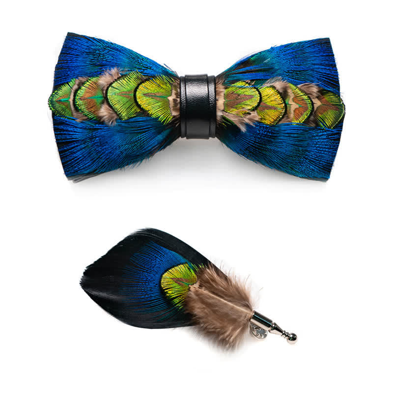 Kid's Blue & Green-yellow Feather Bow Tie with Lapel Pin