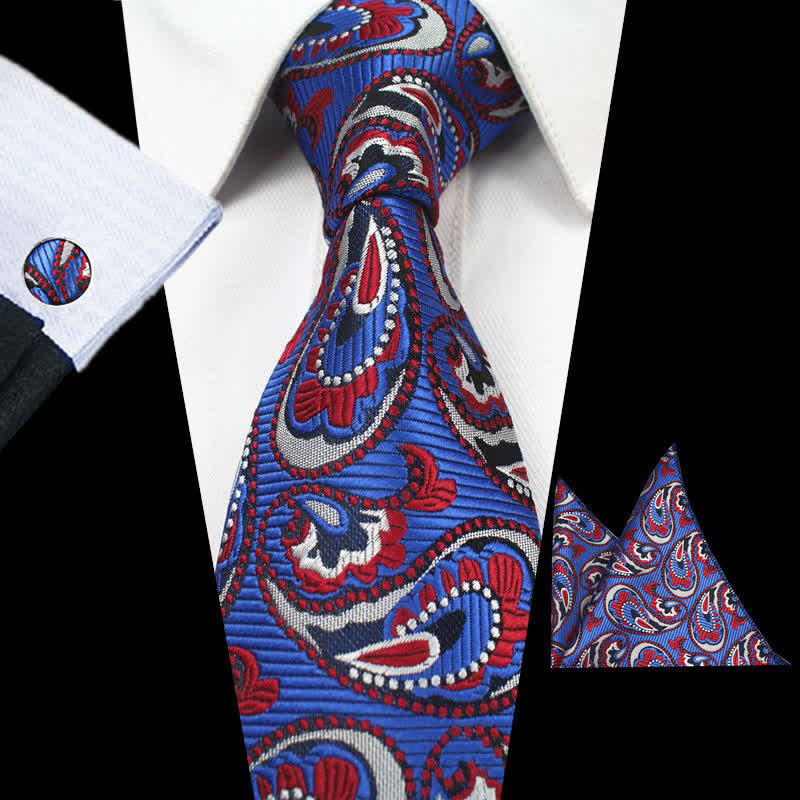 3Pcs Men's Royal Blue & Red Paisley Necktie Set