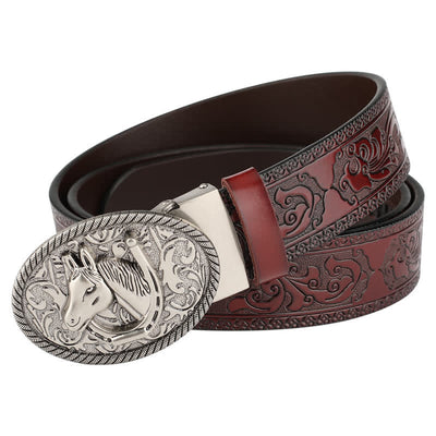 Men's Horse Automatic Buckle Vintage Western Style Leather Belt