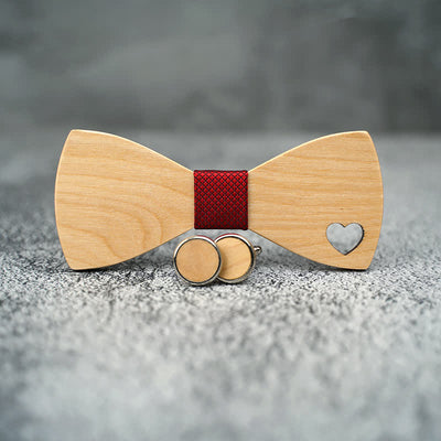 3Pcs Men's Hollow Heart Shape Wooden Bow Tie Set