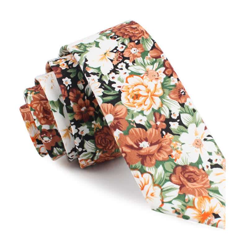 Men's Orange Floral Leaves Pattern Cottern Necktie