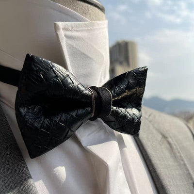 Men's Weave Pattern Design Black Leather Bow Tie