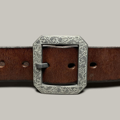 Square Floral Engraved Buckle Pants Leather Belt