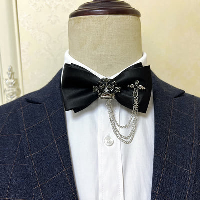 Men's Silver Metal Crown & Cross Chain Bow Tie