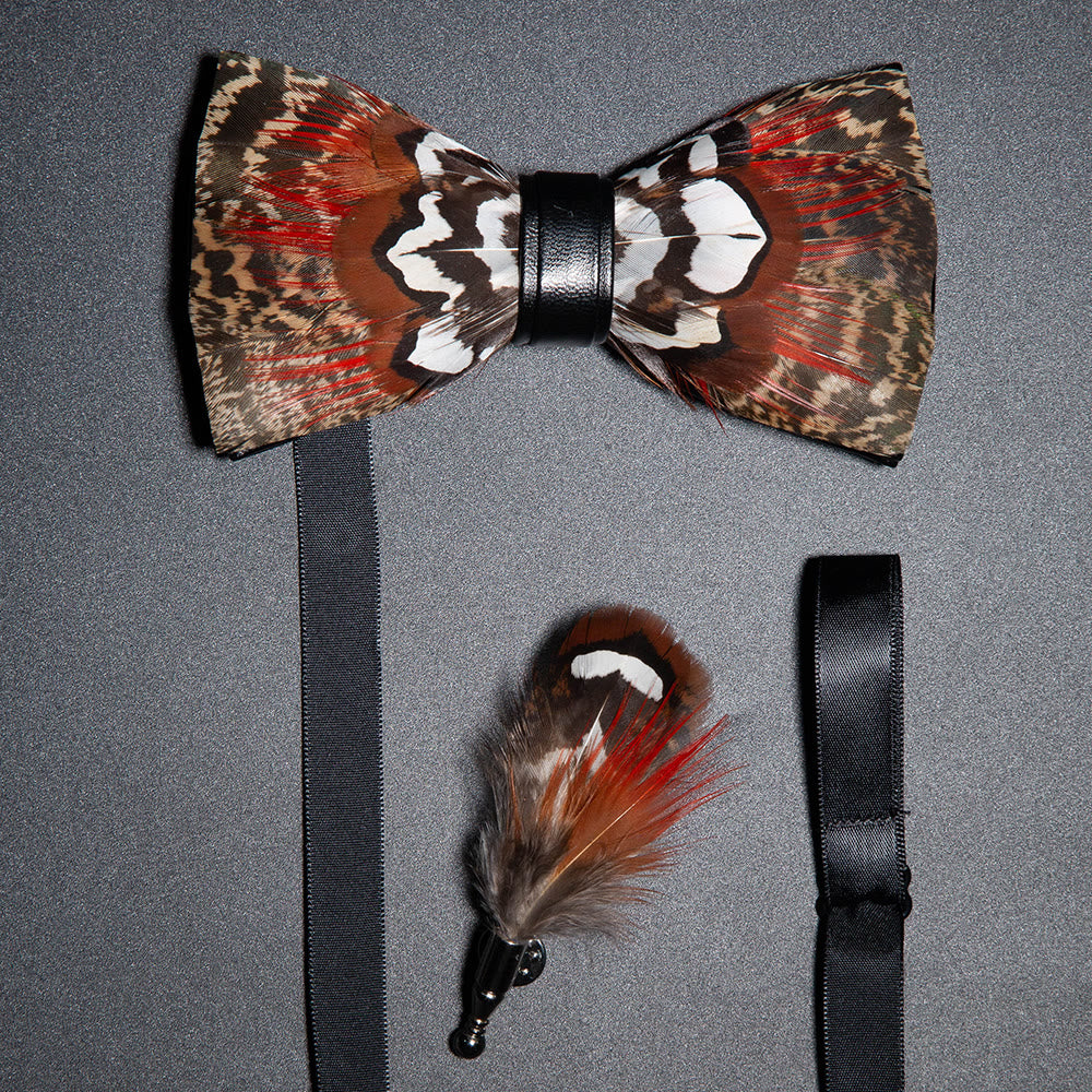 Brown & Red Feather Bow Tie with Lapel Pin