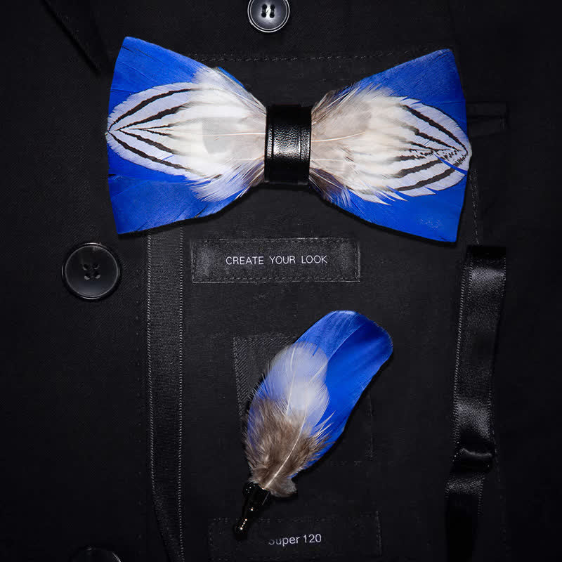 Kid's Blue & White Freedom Feather Bow Tie with Lapel Pin