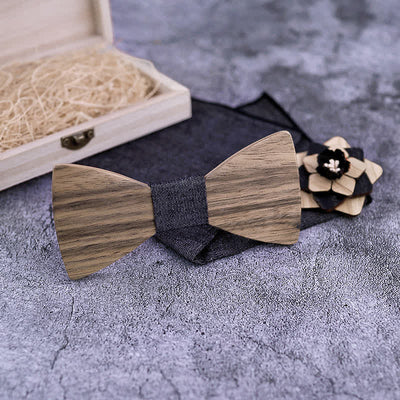 3Pcs Men's Lapel Flower Pin Walnut Wooden Bow Tie Set