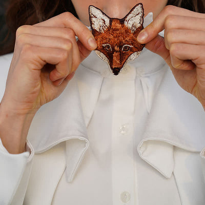 Women's Fox Head Embroidered Short Zipper Necktie