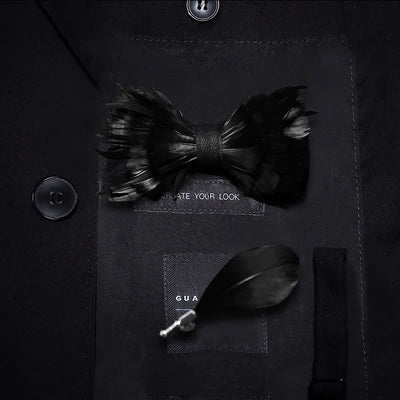 Solid Black Feather Bow Tie with Lapel Pin