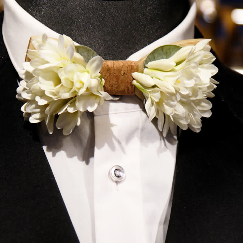 Men's Pure White Artificial Flower Wooden Bow Tie