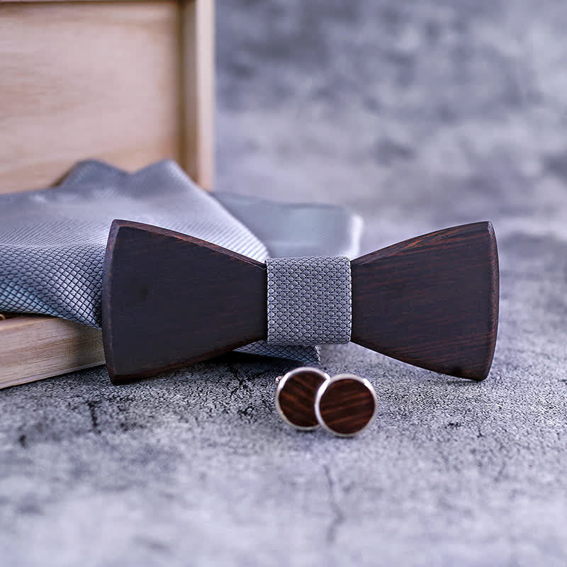 3Pcs Men's Classic Retro Black Wooden Bow Tie Set