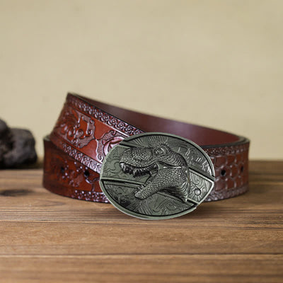 Men's DIY Dinosaur Hidden Folding Knife Leather Belt