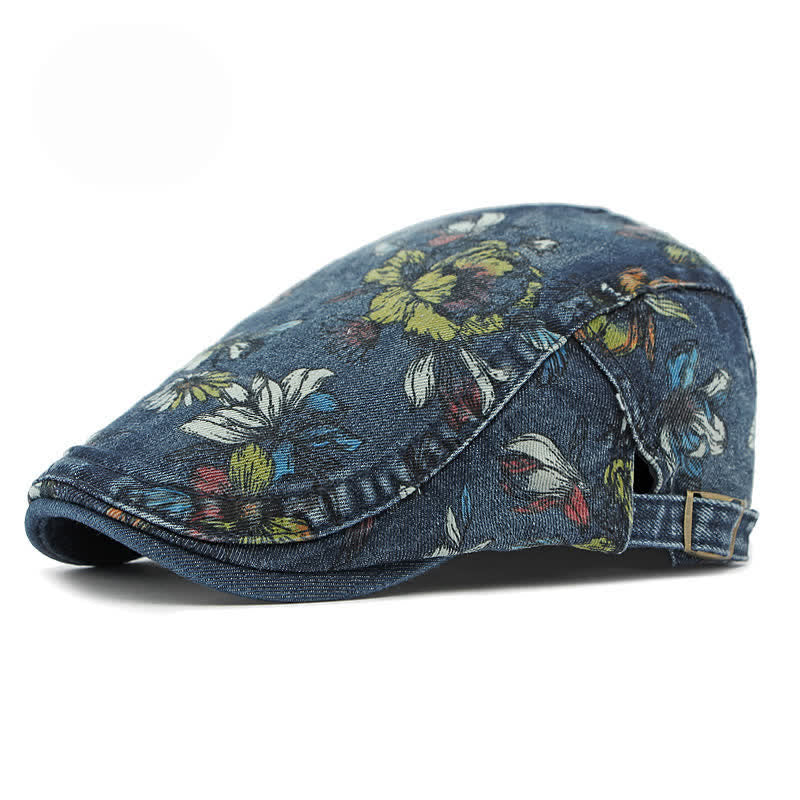 Fashion Floral Printed Denim Flat Beret Hat