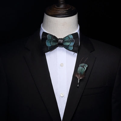 Kid's Black & Green Exquisite Feather Bow Tie with Lapel Pin