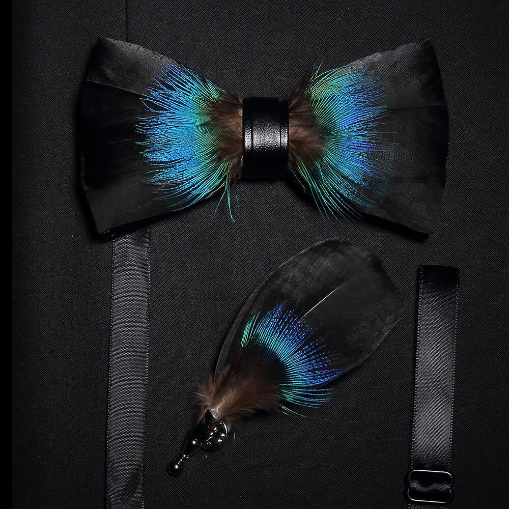 Black & Blue Versatile Feather Bow Tie with Lapel Pin