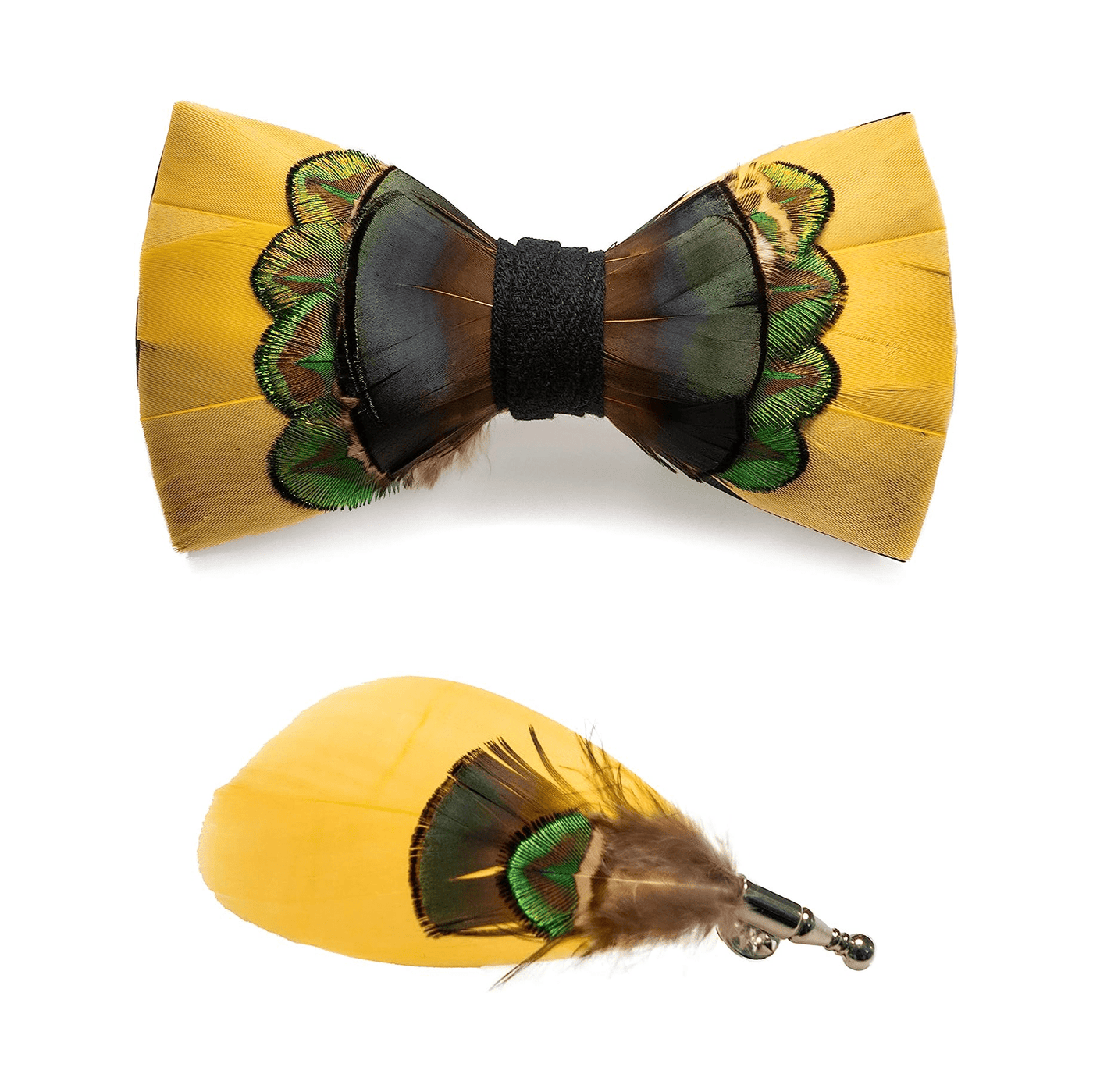 Bright Yellow & Green Peacock Feather Bow Tie with Lapel Pin